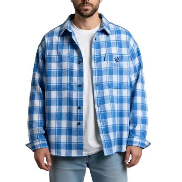 Blue & White Plaid Oversized Long-Sleeve Button-Down Shirt with Leaf Embroidery