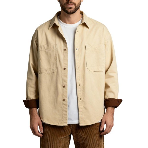 Beige Oversized Long-Sleeve Button-Down Shirt with Contrast Cuff Detail
