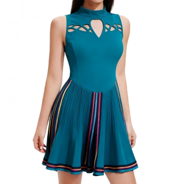 Teal Sleeveless Cutout Neck Pleated Mini Dress with Colorful Stripes