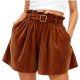 Brown Corduroy Shorts with Ruffled Waist & Gold Buckle Belt