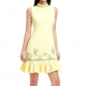 Pale Yellow Sleeveless Mandarin Collar Mini Dress with Floral Embroidery