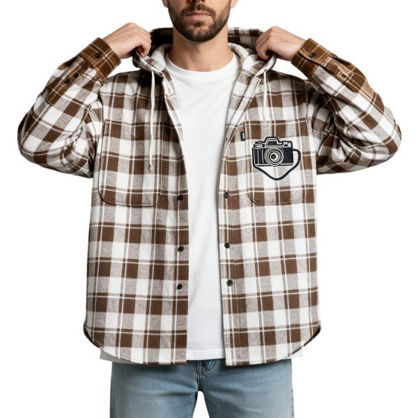Brown & White Plaid Hooded Oversized Long-Sleeve Button-Down Shirt with Camera Embroidery