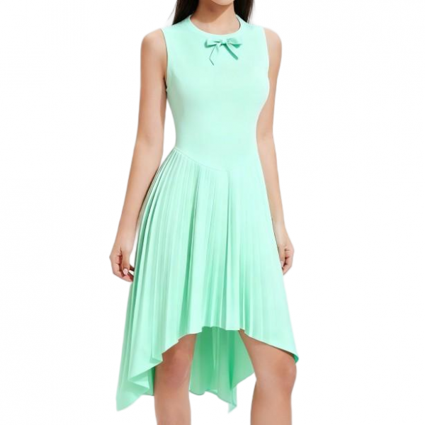 Mint Green Sleeveless Stand Collar High-Low Pleated Dress with Bow Detail