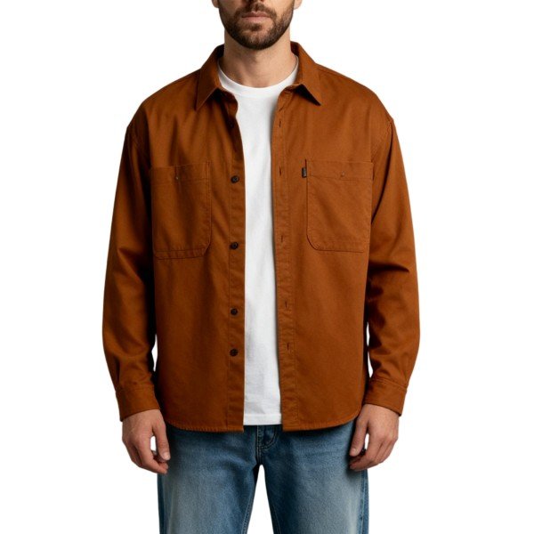 Tan Oversized Long-Sleeve Button-Down Shirt with Chest Pockets