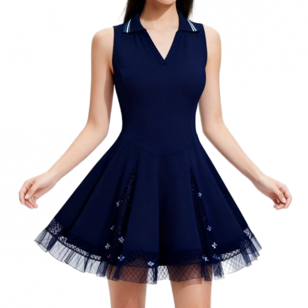 Navy Blue Sleeveless Polo Collar Mini Dress with Tulle Lace Hem