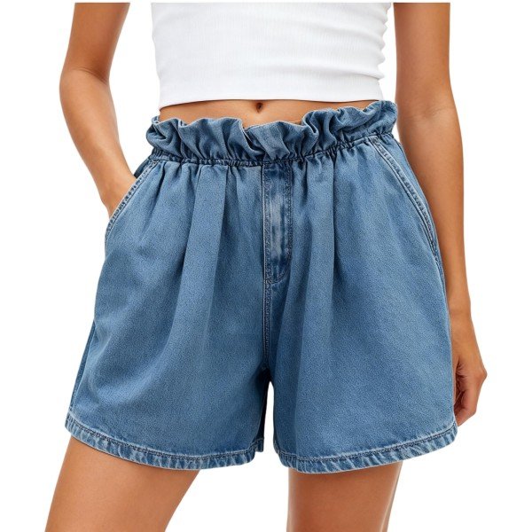 Medium Blue Denim Shorts with Ruffled Elastic Waist