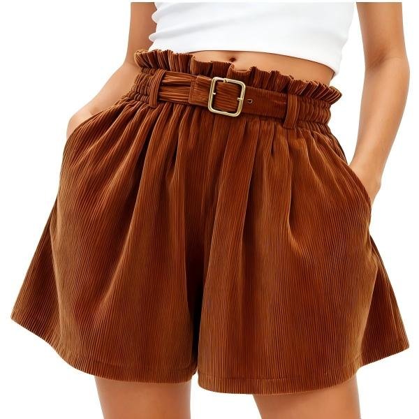 Brown Corduroy Shorts with Ruffled Waist & Gold Buckle Belt